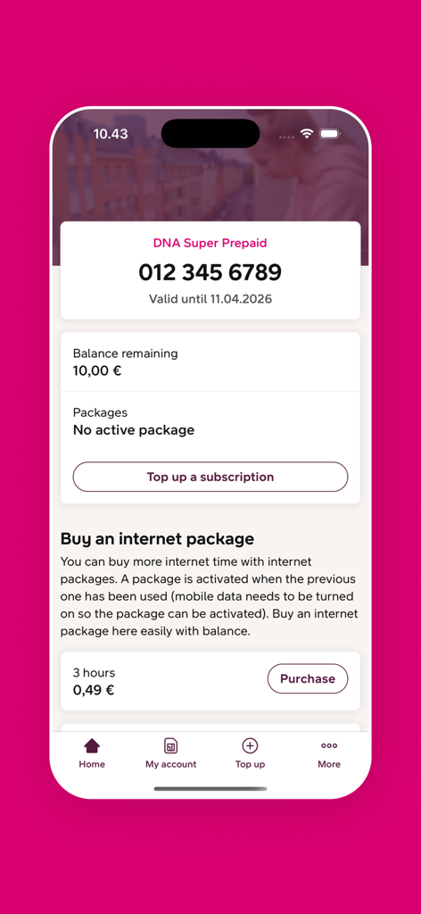 DNA Prepaid mobile app home screen showing account balance and internet package purchase options