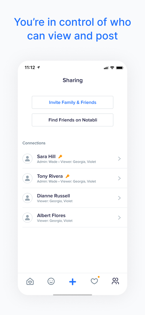 A screenshot of the Notabli app sharing screen showing privacy settings and a list of family connections with specific viewing permissions.