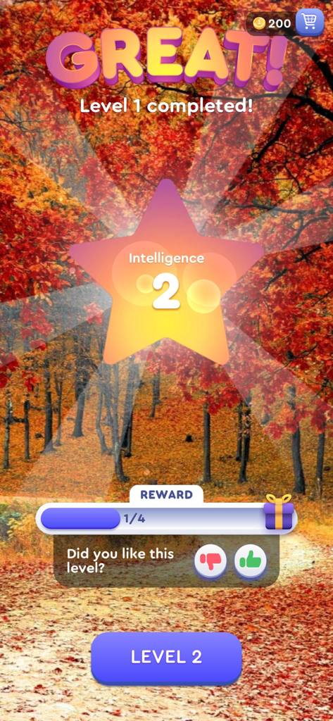 Pantalla de finalización de nivel en el juego Palabras Relajantes con una estrella con una puntuación de inteligencia y un fondo de hoja de otoño