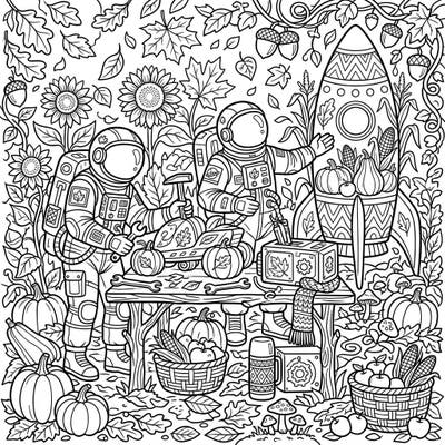 Join our ingenious Astronaut Engineers as they celebrate the vibrant hues of autumn in a truly unique way. This delightful coloring page blends the wonders of space exploration with the cozy charm of a bountiful fall harvest.