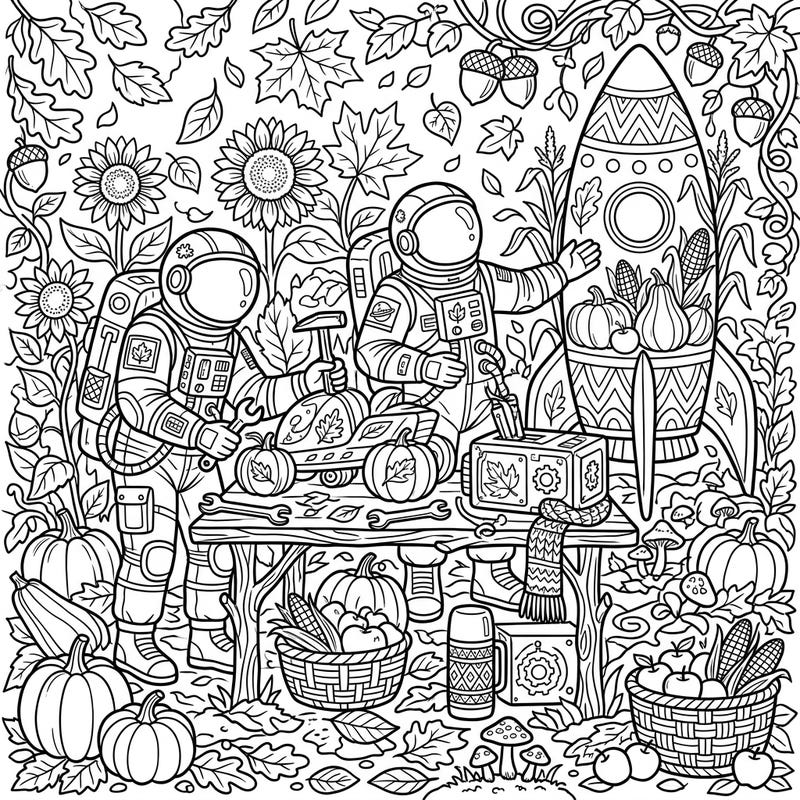 Join our ingenious Astronaut Engineers as they celebrate the vibrant hues of autumn in a truly unique way. This delightful coloring page blends the wonders of space exploration with the cozy charm of a bountiful fall harvest.