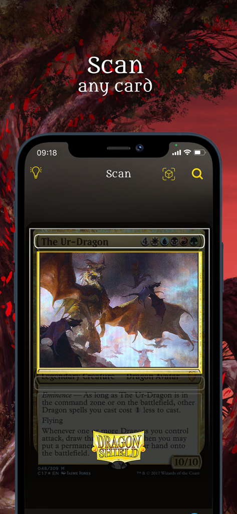 Un écran de téléphone mobile démontrant la fonctionnalité de scan de l'application Dragon Shield identifiant une carte Magic The Gathering.