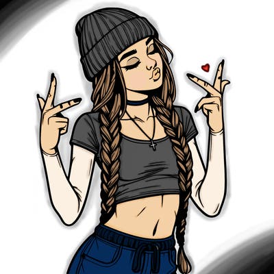 realistic teenage girl with braids and a beanie and crop top doing 🫶🏼