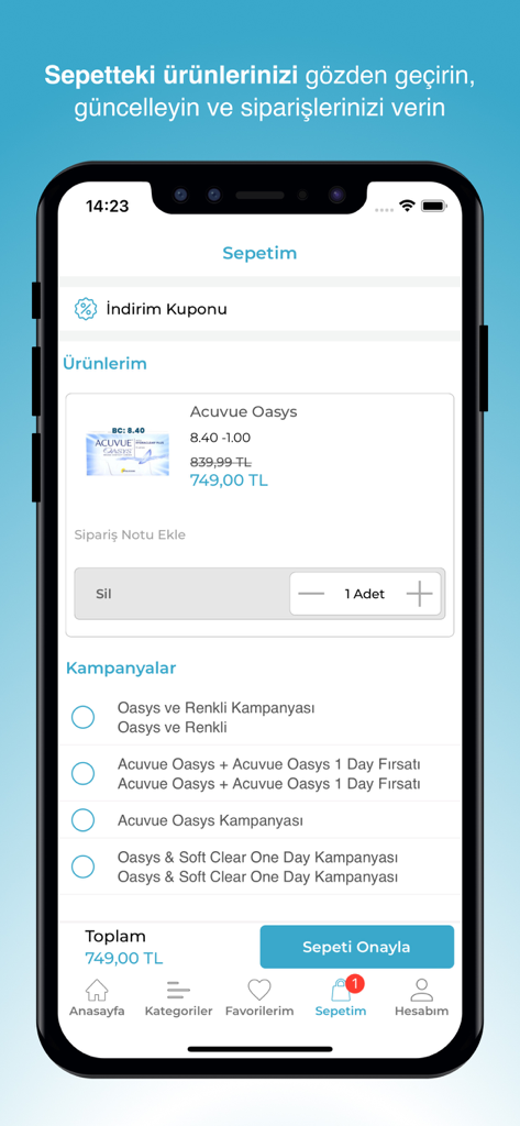 Lensoptik.com - A mobile screen from the Lensoptik app showing the shopping cart with Acuvue Oasys contact lenses and a checkout button
