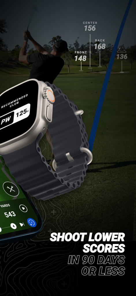 Blue Tees GAME: AI Golf GPS - Apple Watch che visualizza le raccomandazioni sui bastoni AI di Blue Tees GAME e le distanze GPS del golf