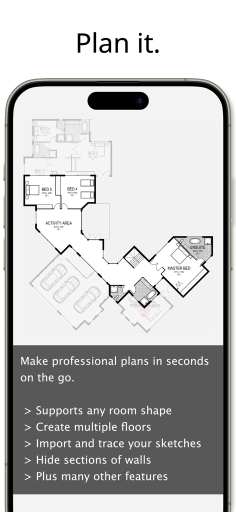 Planit2d Lite - A mobile screen showing a detailed 2D house floor plan with rooms and garage layouts