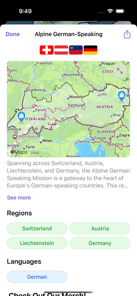 Mission Call - Guess & Explore - Schermata dell'app che mostra la mappa e i dettagli della missione di lingua tedesca alpina.