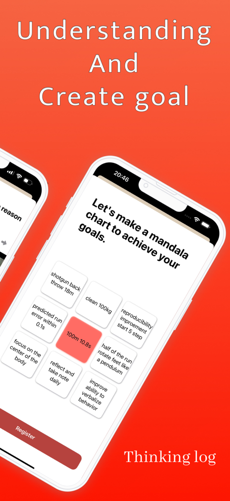 Trai Video/Sports Self-Review - モバイルアプリのインターフェース。アスリートのパフォーマンス目標を設定・追跡するためのマンダラチャートが表示されている。