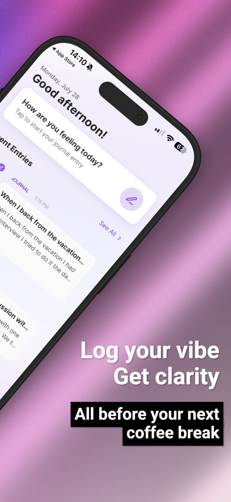 JournAI: AI Mood Journal - JournAI app interface on a smartphone screen showing mood tracking prompts and recent journal entries with text log your vibe get clarity