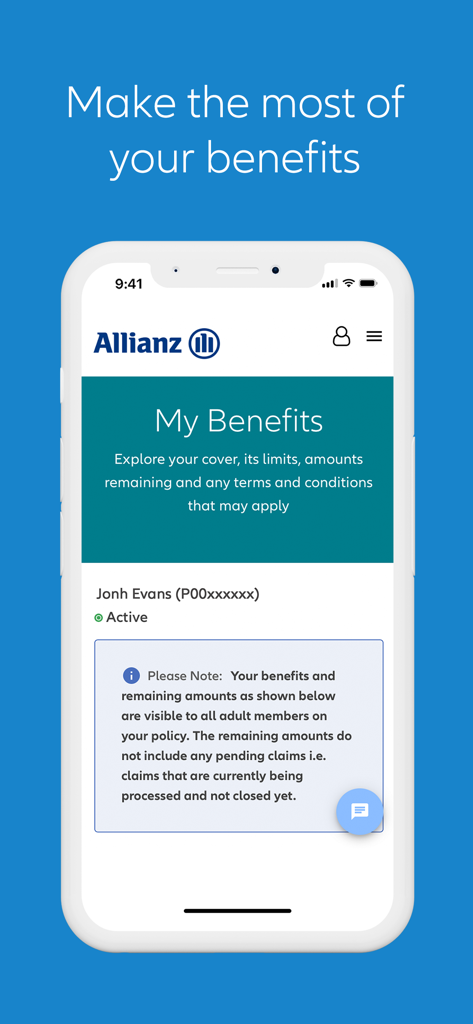 Allianz MyHealth mobile app showing the insurance benefits summary screen on an iPhone