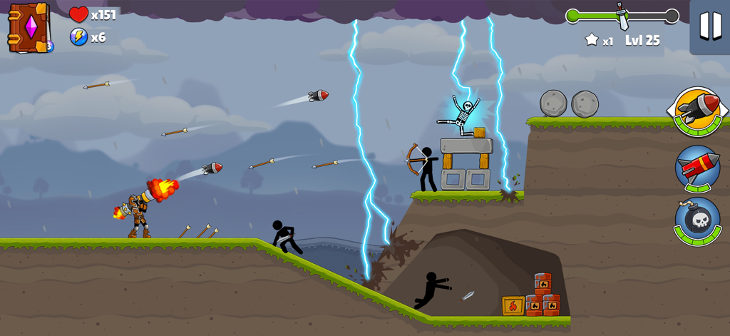 Boom Stick: Bazooka Puzzle - 물리 기반 퍼즐 레벨에서 적 구조물을 향해 바주카를 발사하는 스틱맨 캐릭터