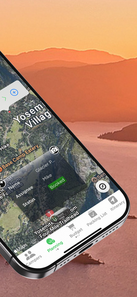 Map view of Yosemite Village in the Pro Camping Planner app showing campsite booking details and planning features