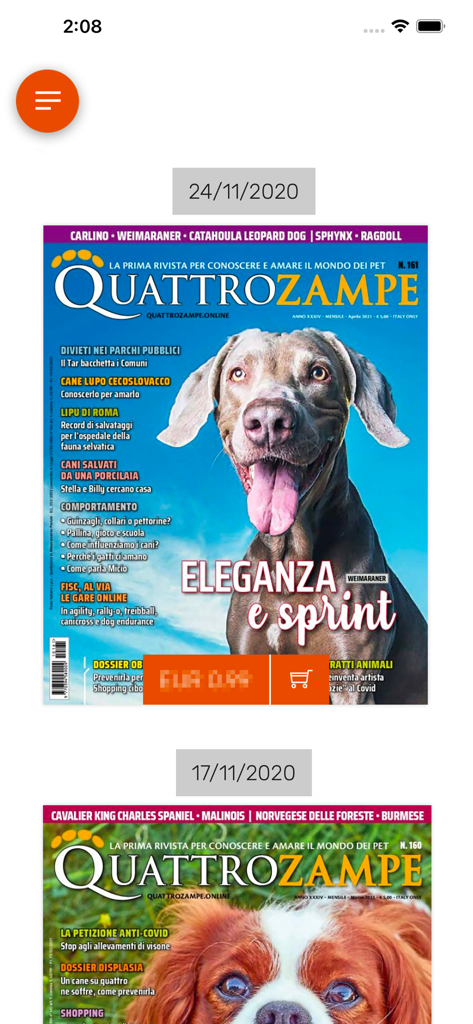 Quattrozampe Edicola Digitale - The Quattrozampe digital newsstand interface displaying issues of the Italian pet magazine with dog cover photos.