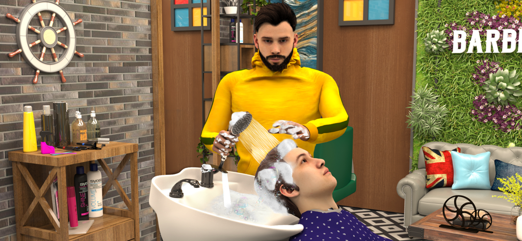 Barber Shop Hair Cut Sim Games - A barber in a yellow hoodie washing a client's hair in a 3D salon simulation game