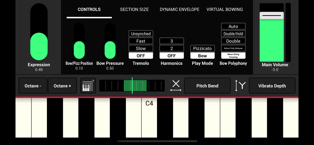 User interface of SWAM Viola Section app showing expression sliders and MIDI keyboard controls