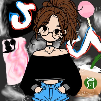 girl with a messy ponytail glasses a baggy crop top and jean shorts