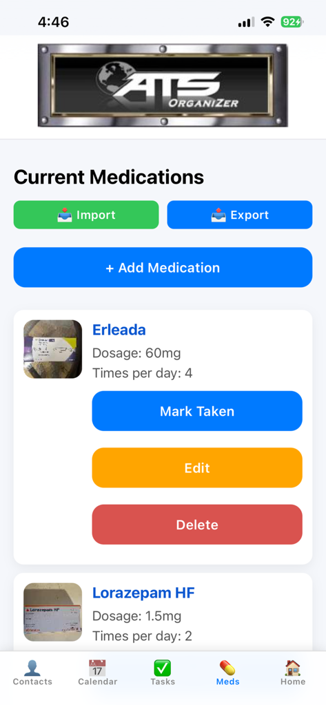 ats-organizer-app - Medication tracker interface in the ATS OrganiZer app showing current prescriptions with dosage and daily schedule