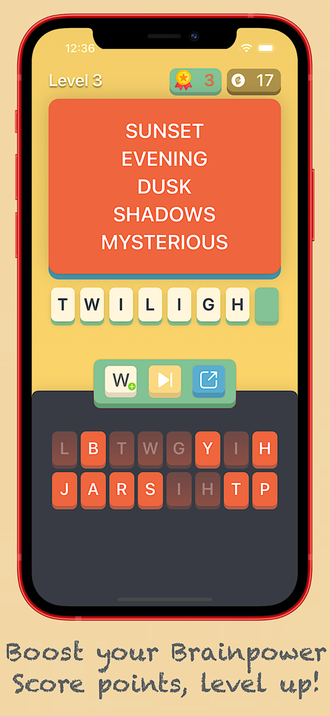 Spell Game+ - Gameplay-Bildschirm von Spell Game Plus, der mysteriöse Wort-Hinweise und eine Buchstabentastatur für das Gehirntraining anzeigt