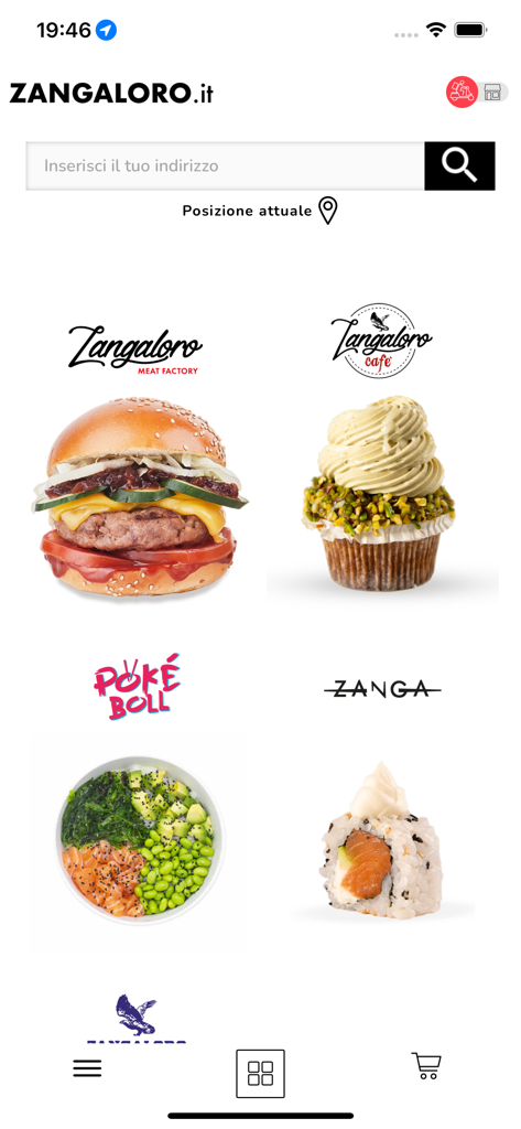 Schermata principale dell'app mobile Zangaloro che mostra le categorie di cibo per hamburger gourmet, sushi, poke bowl e articoli da bar