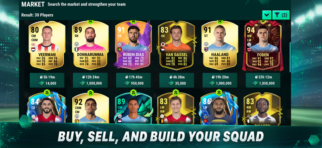 Transfer market screen in Ultimate Football Manager showing football player cards with stats and prices