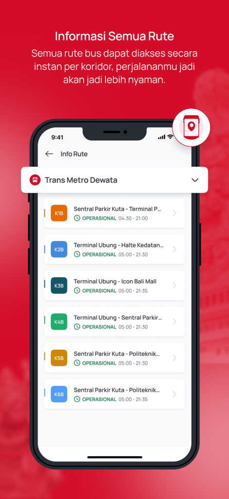 Interface móvel do aplicativo Trans Metro Dewata mostrando uma lista de corredores de ônibus disponíveis e seus horários de funcionamento em Bali
