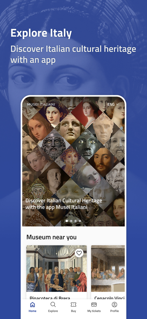 Musei Italiani - イタリアの芸術と美術館の提案のコラージュを特徴とするMusei Italianiアプリのホーム画面