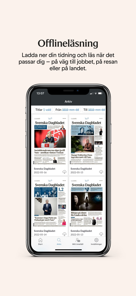 eSvD - Digital archive of Svenska Dagbladet newspaper editions for offline reading on a mobile device
