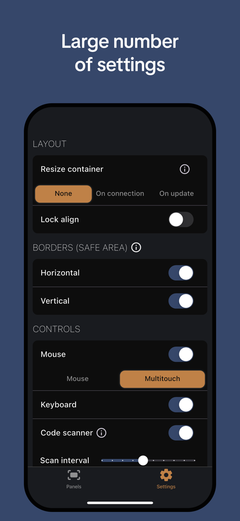 Remote Tools for TouchDesigner - Settings screen of the Remote Tools for TouchDesigner app showing layout, border, and control configuration options including code scanner and multitouch settings.