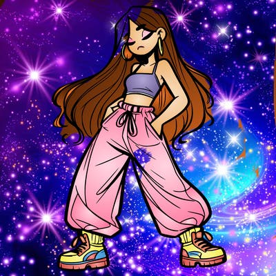 girl in baggy pants crop top and long hair