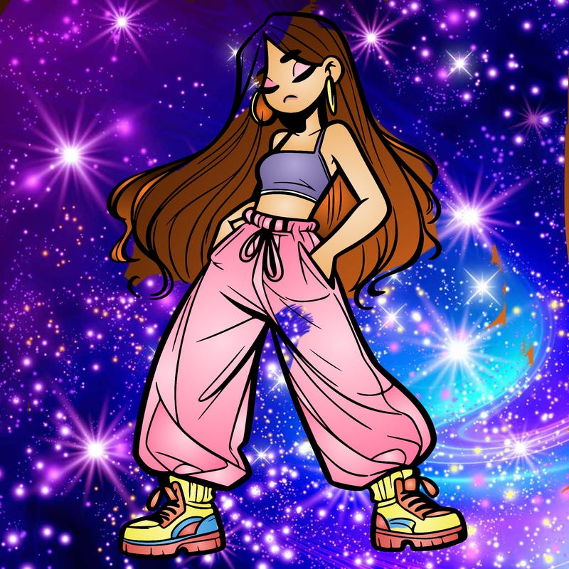 girl in baggy pants crop top and long hair