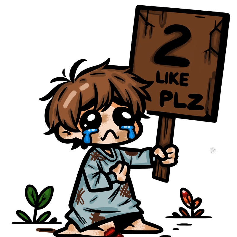 small poor toddler crying with sign that says 2 like plz
