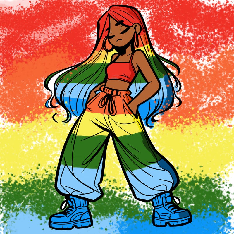 girl in baggy pants crop top and long hair