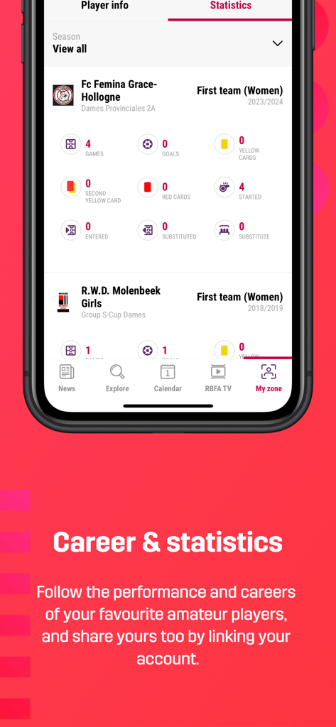 RBFA app screen showing player career statistics and performance data for amateur Belgian football