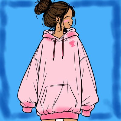 realistic girl with a oversized sweatshirt on and a bun