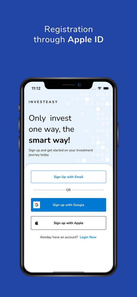 SBIMF InvestEasy - Écran d'inscription de l'application SBIMF InvestEasy montrant les options d'inscription via Apple ID et Google pour les investisseurs.