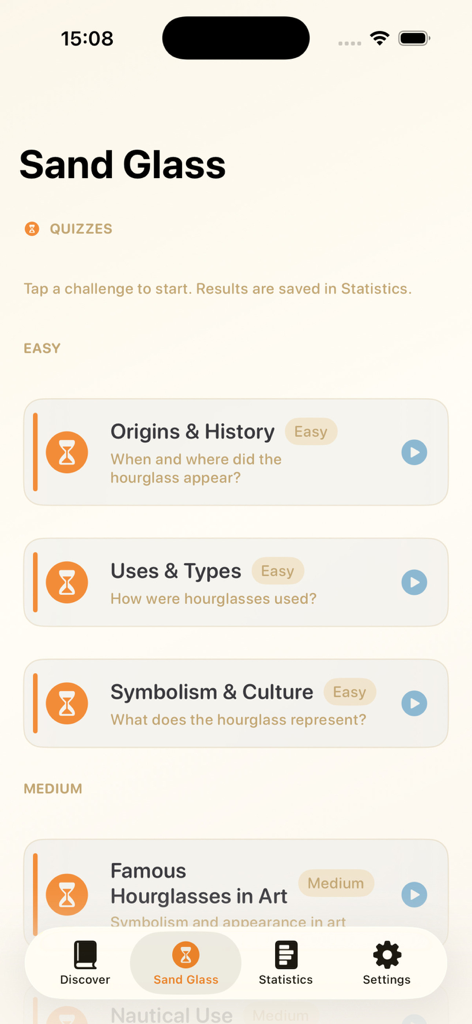 Hourglass Story - A screen from the Hourglass Story app showing a selection of educational quizzes about hourglass history and symbolism
