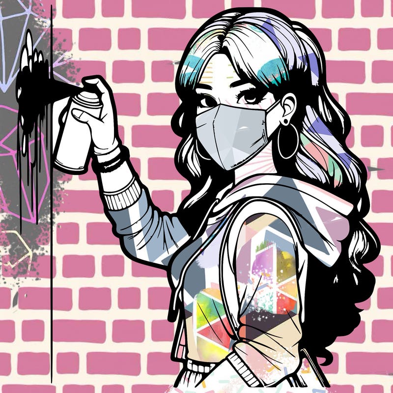realistic girl with mask spray painting a wall