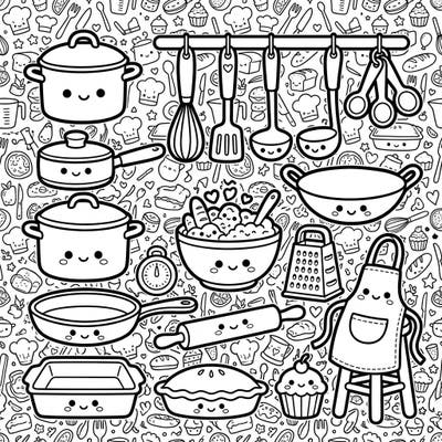 Explore the delightful world of kitchen essentials with a Kawaii twist! This charming coloring page brings pots, pans, and utensils to life with adorable faces, perfect for a joyful coloring experience.