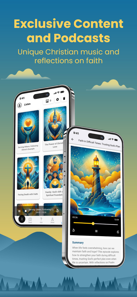 Faith Daily Growth app interface displaying a library of Christian podcasts and an audio player for spiritual reflections