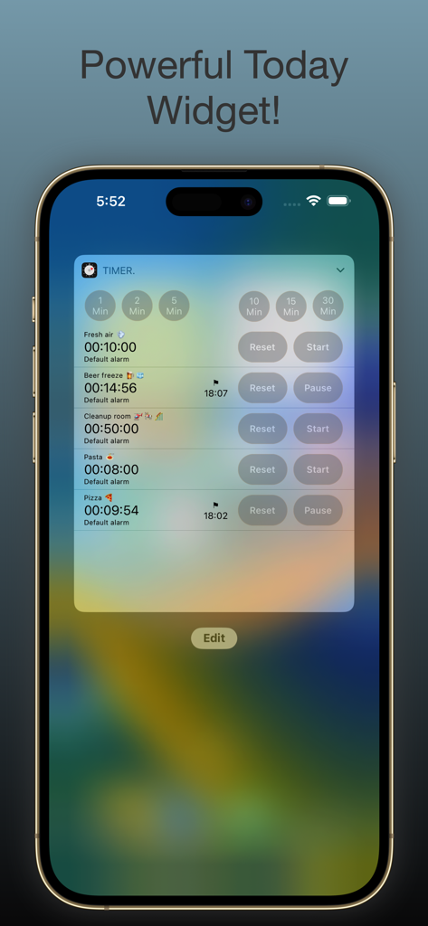 timer. - Multi Countdown Timer - iPhone screen showing the multi countdown timer today widget with several active timers for daily tasks
