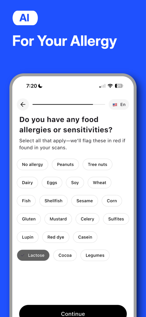 GROC AI - A mobile app screen for GROC AI showing a list of selectable food allergies and sensitivities including dairy, peanuts, and gluten