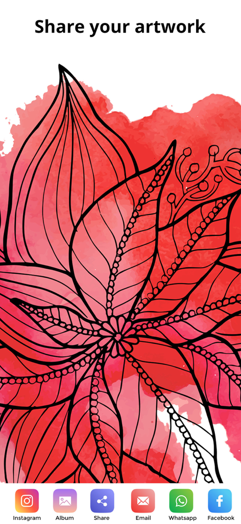 Drawing Apps Pencil Art apps - A screen showing options to share a floral drawing with red watercolor accents to social media platforms like Instagram and Facebook.