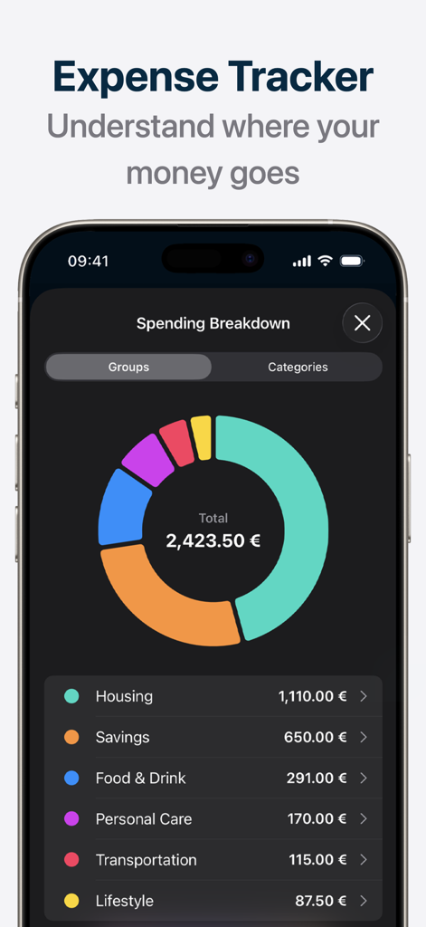 Brim 예산 앱 지출 내역 화면 - 월별 지출 카테고리별 화려한 도넛 차트 표시