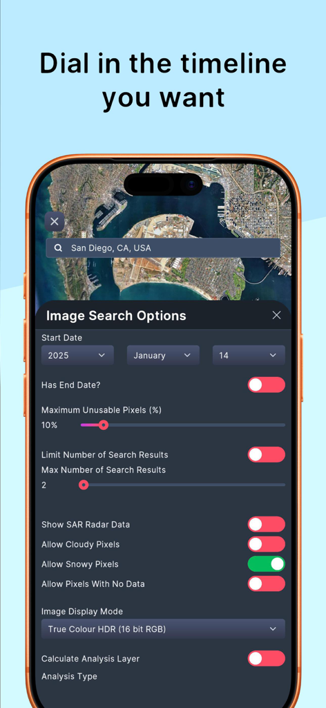 Timelapse Map:Purple Satellite - L'interfaccia dell'app Purple Satellite che mostra opzioni avanzate di ricerca immagini e filtri temporali per mappe satellitari.