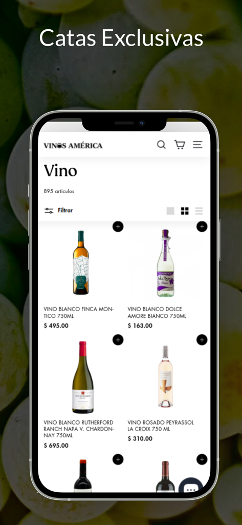 Vinos América Shop - Mobile interface of Vinos America Shop showing a curated grid of premium white and rose wines with prices and a filter option.