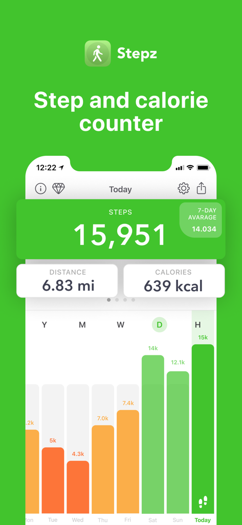 Stepz app interface showing daily steps distance and calorie tracking with a weekly activity bar chart