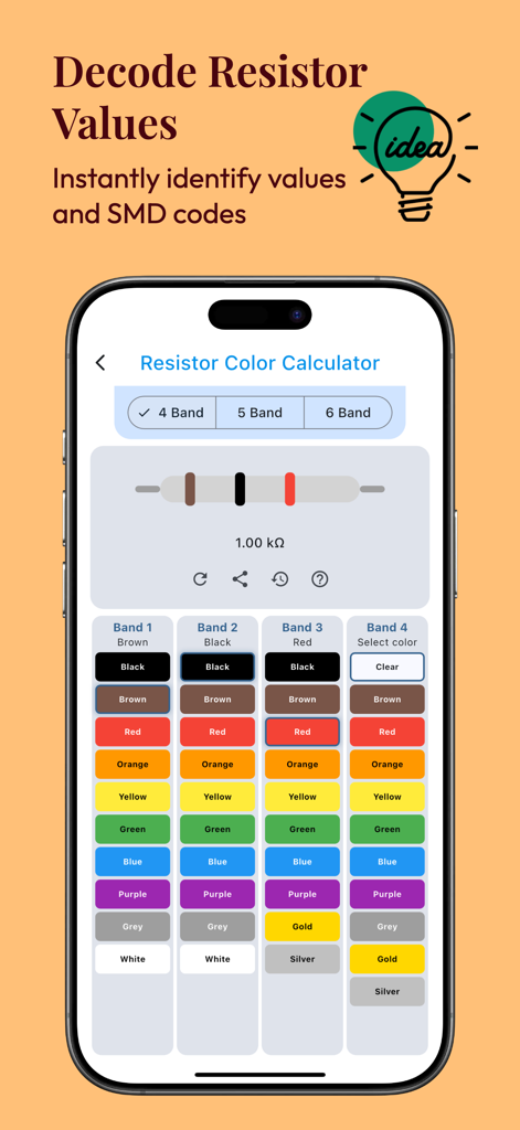 Ohmify - electronics tools - Ohmify mobile app screen displaying the resistor color code calculator tool for identifying electronic component values
