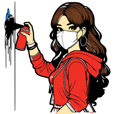 realistic girl with mask spray painting a wall