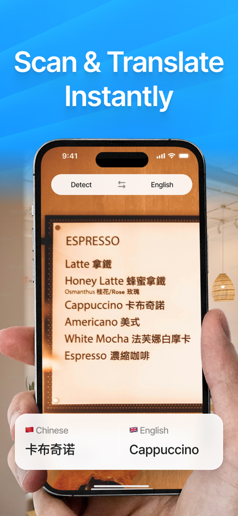Una persona che usa l'app Traduttore AI per scansionare e tradurre un menu del caffè dal cinese all'inglese.