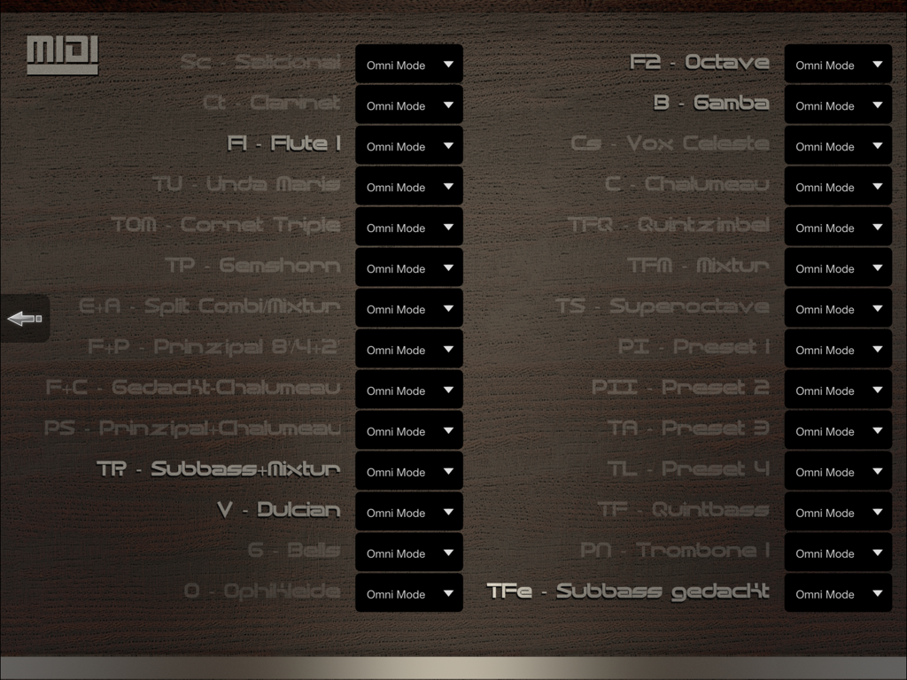 iCathedral Organ - Pantalla de configuración MIDI en la aplicación iCathedral Organ que muestra varios registros de órgano y ajustes del modo omni